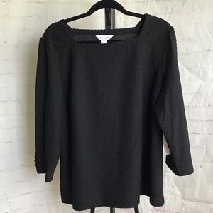 Liz Claiborne Black Textured Boatneck Top with Gold Button Detail